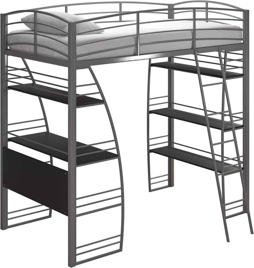 DHP Studio Loft Bunk Bed Over Desk and Bookcase with Metal Frame